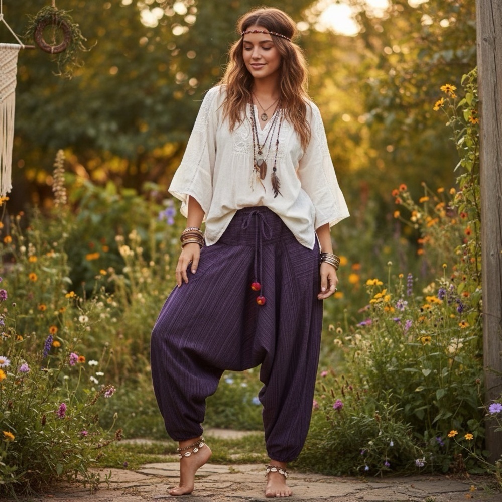 Purple Wide Leg Harem Pants with Red Accents